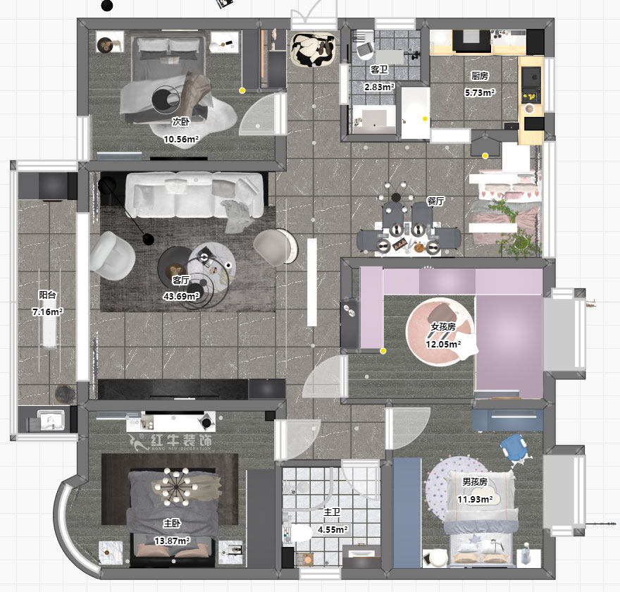 蒋琛｜明发滨江新城3期332-2501-130㎡-现代简约风格｜4室2厅2卫｜旧房装修｜定制家￥135120｜全包17万｜00_03平面彩图